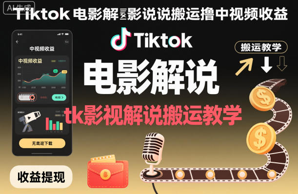 Tiktok电影解说搬运撸中视频收益，tk影视解说搬运教学-赚客网赚