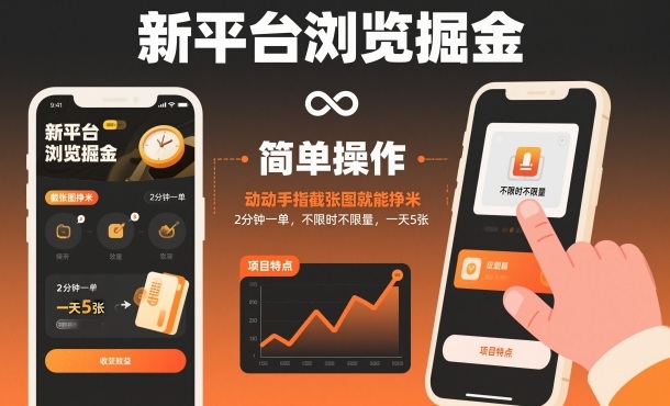 新平台浏览掘金，动动手指截张图就能挣米，2分钟一单，不限时不限量，一天5张【揭秘】-赚客网赚