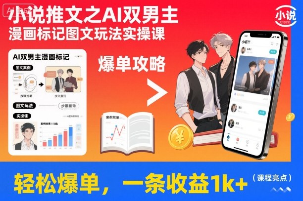 小说推文之AI双男主漫画标记图文玩法实操课，轻松爆单，一条收益1k+-赚客网赚