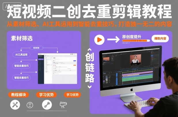短视频二创去重剪辑教程，从素材筛选、AI工具运用到智能去重技巧，打造独一无二的内容-赚客网赚