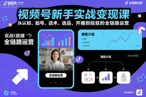 视频号新手实战变现课，从认知、起号、话术、选品、开播到投放的全链路运营-赚客网赚