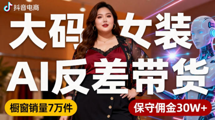 抖音小众赛道，大码女装AI反差带货，不用直播，每天6条作品，橱窗卖7万件，保守佣金30W+-赚客网赚