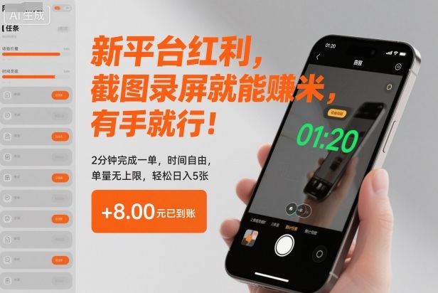 新平台红利，截图录屏就能賺米，有手就行！2分钟完成一单，时间自由，单量无上限，轻松日入5张【揭秘】-赚客网赚