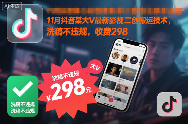 11月抖音某大V最新影视二创搬运技术，洗稿不违规，收费298-赚客网赚