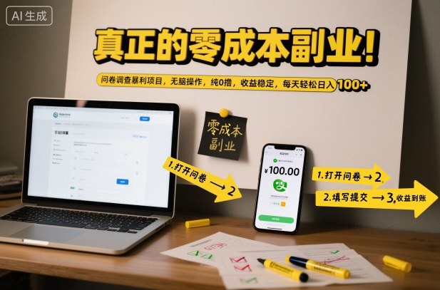 真正的零成本副业！问卷调查暴利项目，无脑操作，纯0撸，收益稳定，每天轻松日入100+【揭秘】-赚客网赚
