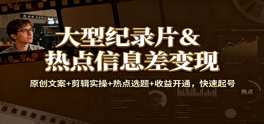 大型纪录片&热点信息差变现：原创文案+剪辑实操+热点选题+收益开通，快速起号-赚客网赚