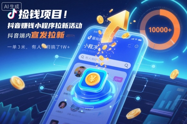 捡钱项目！抖音賺钱小程序拉新活动，抖音端内宣发拉新，一单3米，有人半个月搞了1W+-赚客网赚
