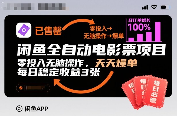 闲鱼全自动电影票项目，零投入无脑操作，天天爆单，每日稳定收益3张【揭秘】-赚客网赚