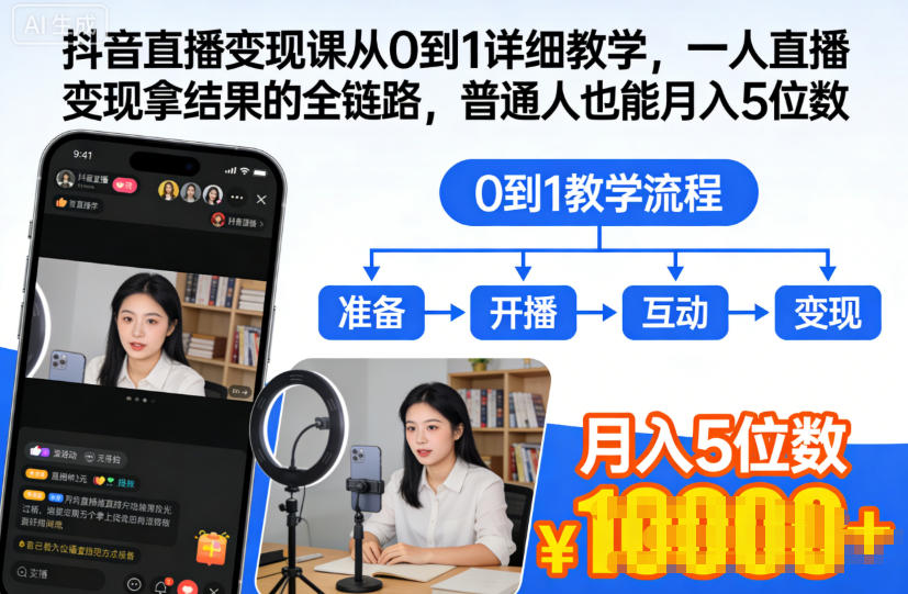 抖音直播变现课从0到1详细教学，一人直播变现拿结果的全链路，普通人也能月入5位数-赚客网赚