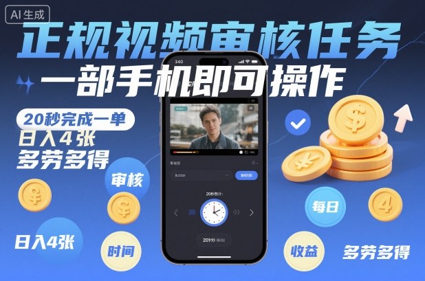 正规视频审核任务，一部手机即可操作，20秒完成一单，日入4张，多劳多得【揭秘】-赚客网赚